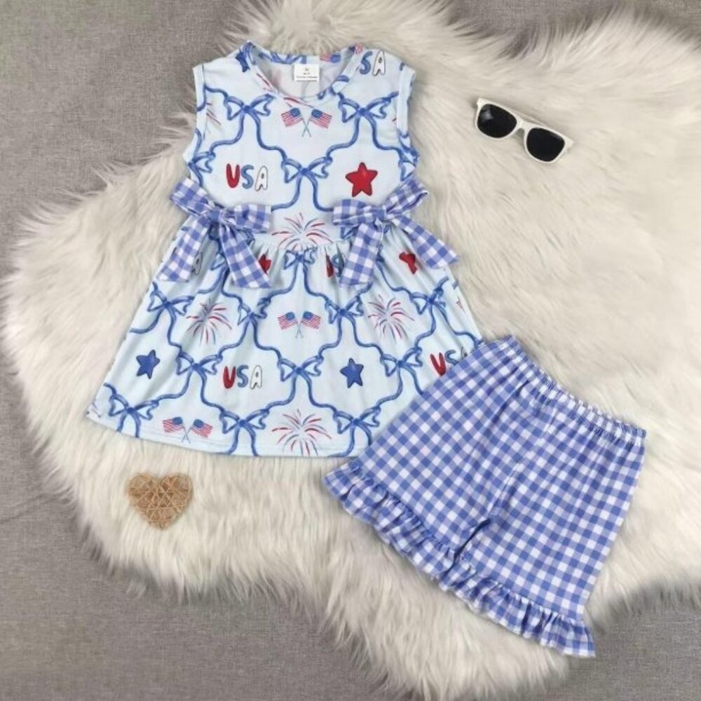 Boutique 4th of July Patriotic Bows Tunic Dress & Shorts Girls Outfit Set